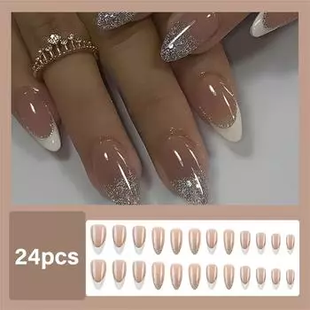 Искусственные ногти средней длины, накладные ногти, блестящие, накладные ногти, белые французские накладные ногти, принадлежности для маникюра