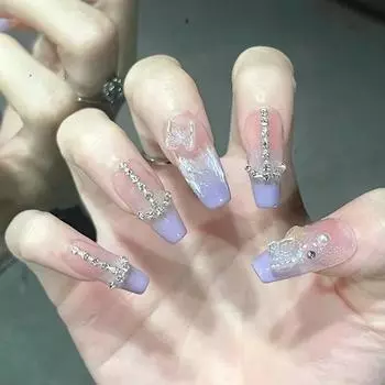 Искусственные ногти Taro Milk Wear Nails Синяя французская хрустальная бабочка с бриллиантами Лед Прозрачный дизайн ногтей Длинные накладные ногти