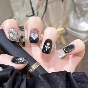 Искусственные ногти Трехмерная Fairy Love Dark Sweet Cool Ins Style Wear Nails Продвинутая металлическая текстура розы для дизайна ногтей