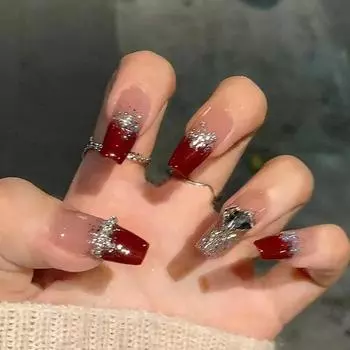 Искусственные ногти винно-красное пятно Flash Love Wear Nail Long Nail Art Прозрачные накладные ногти в стиле Hot Girl Ins 24 шт.
