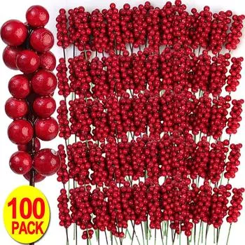 Искусственные пенопластовые ягоды, красные стебли падуба, венок из рождественской елки своими руками, искусственные растения, фруктовый букет, украшение для рождественской вечеринки, украшение для дома 5pcs