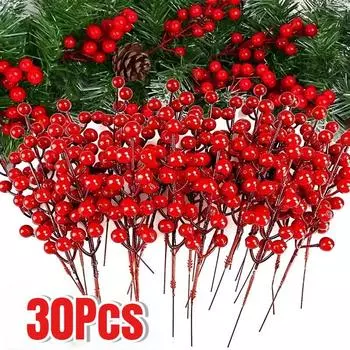 Искусственные ягоды Рождественские украшения Ветки красных ягод для рождественской елки Вечеринка Украшения для дома Настольный венок из красных фруктов DIY Подарок 1PC