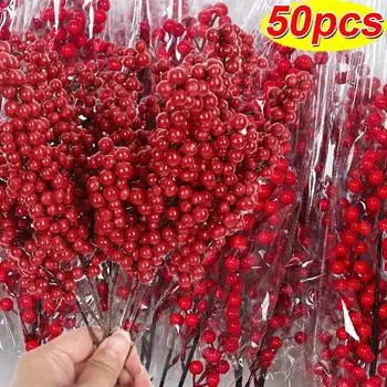 Искусственные ягоды ветки DIY красные стебли ягод падуба венок рождественские искусственные цветы растения рождественские елочные украшения для вечеринки домашний декор