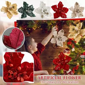 Искусственные рождественские цветы пуансеттия, рождественские цветы, рождественские цветы из ткани, сверкающие рождественские украшения, блестящая рождественская елка пуансеттия One Size