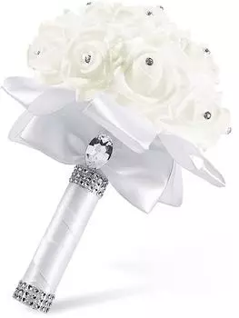 Искусственные розы Свадебный букет с цветами в руках Белый букет для невесты Свадебные букеты для подружек невесты с бриллиантовыми мягкими лентами белый
