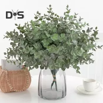 Искусственный эвкалипт со стеблем 7 вилок Не увядает без полива Реквизит для фотографий Реалистичные многоразовые пластиковые искусственные зеленые растения Товары для украшения дома зелёный