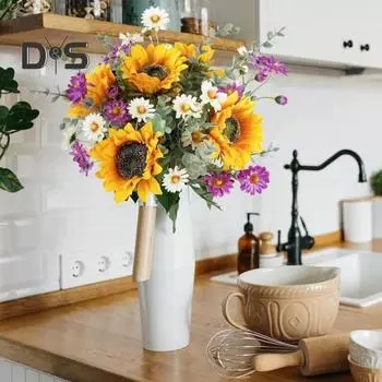 Искусственный букет подсолнухов с листьями эвкалипта, искусственный шелковый цветок, украшение для свадебной вечеринки, домашнего офиса, стола, пластиковые искусственные цветочные растения Sun flower