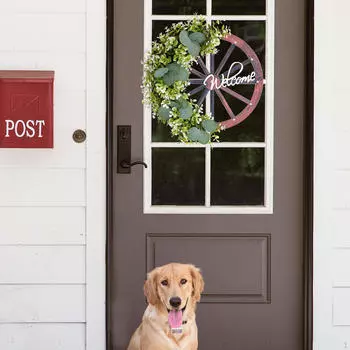 Искусственный цветочный венок Весенняя входная дверь Ручная работа из дерева с бантом Декор Приветственный знак для