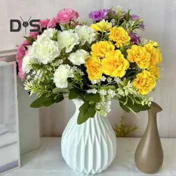 Искусственный цветок гвоздики со стеблем, 10 головок, домашний офисный стол, центральная часть свадьбы, искусственный цветок, ветка, цветочная композиция, украшение темно-оранжевого