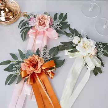 Искусственный цветок на спинку стула для свадьбы с листьями эвкалипта, украшение для прохода на скамье, церемония, цветочные ленты, украшение для свадебной вечеринки розовый