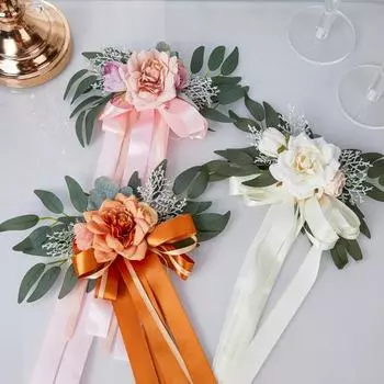 Искусственный цветок на спинку стула для свадьбы с листьями эвкалипта, украшение для прохода на свадьбе розовый