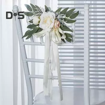 Искусственный цветок на спинку стула для свадьбы с листьями эвкалипта, украшение для прохода на скамье, церемония, цветочные ленты, украшение для свадебной вечеринки розовый
