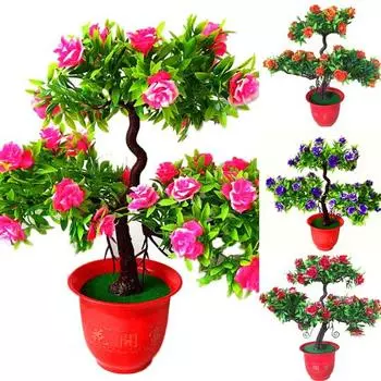 Искусственный цветок розы Приветствие гостя Сосновое растение Горшок для домашнего рабочего стола Офисный декор красный