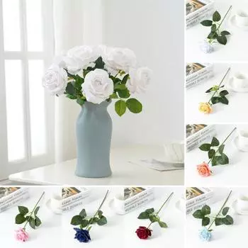 Искусственный цветок с зелеными листьями, реалистично выглядящие многослойные лепестки, имитация ветки розы, стебля, цветочное украшение для дома