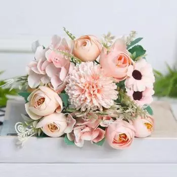 Искусственный цветок с зелеными листьями Реалистичный искусственный шелковый цветок Свадебная вечеринка Главная синий