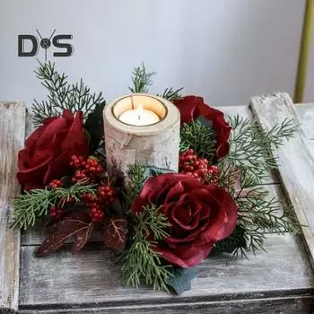 Искусственный цветок, свеча, кольцо, венок, пластиковый, ручной работы, малиновые розы, ягоды, подсвечник для рождественского Дня благодарения, домашний декор стола для вечеринки красный