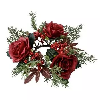 Искусственный цветок свеча кольцо венок ручной работы пластиковый подсвечник малиновые розы ягоды