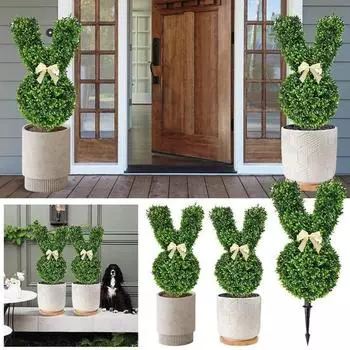 Искусственный кролик, топиарий, зеленый пасхальный кролик, топиарий, дерево, искусственная зелень, кролик с шипом для пасхального весеннего крыльца, патио, декор для дома и улицы 1pc