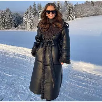 Искусственный мех кожаная длинная куртка женская с лацканами и длинным рукавом, пояс, утолщенные женские пальто, зимняя мода, уличная лоскутная женская верхняя одежда S чёрный