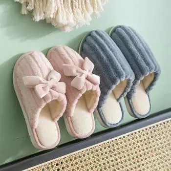 Искусственный мех кролика зимние банты хлопковые тапочки женские домашние толстые подошвы пара домашние нескользящие теплые пушистые тапочки мужские 35-36 розовый