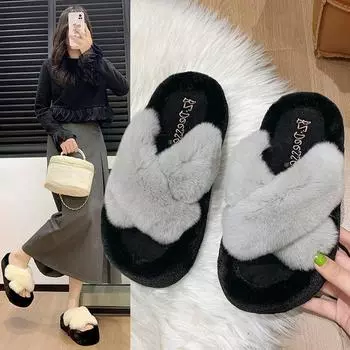 Искусственный мех ленивые ветровые меховые тапочки женские уличные осенние домашние ленивые хлопковые тапочки с толстой подошвой для кондиционирования воздуха 35 чёрный