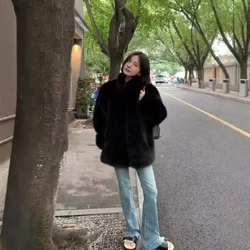 Искусственный мех лисы, черная шуба, женская зимняя, новая, воротник-стойка, экологически чистый мех, меховое пальто высокого качества, средней и длинной длины S (80-60 kg)