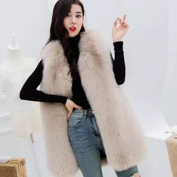 Искусственный мех лисы, искусственный меховой жилет, женский зимний длинный, корейская версия, утолщенный меховой жилет, куртка S абрикосовый