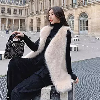 Искусственный мех норки, искусственный меховой жилет, женские осенне-зимние модели средней и большой длины, новая корейская версия облегающего и тонкого мехового жилета S 80-55 kg чёрный