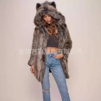 Искусственный мех, новая серая волчья шея, утолщенная теплая, средняя и длинная женская куртка с капюшоном S