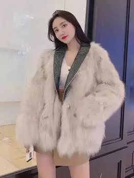 Искусственный мех Новая зимняя модель, искусственный мех лисы, шуба из искусственного меха, женское плюшевое пальто средней и длинной длины, воротник для костюма S абрикосовый