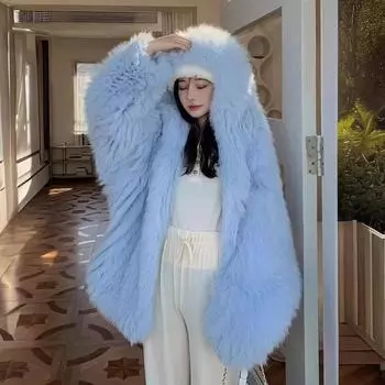 Искусственный мех, новинка 2024 года, зимняя одежда, плетеная искусственная шуба из лисы, женская, средней и длинной длины, длинная шуба для молодежи XS