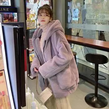 Искусственный мех пальто женское новое зимнее корейская версия свободный утолщенный искусственный мех кролика среднее и длинное шерстяное пальто с капюшоном S recommends 80-47.5 kg жемчужина белый