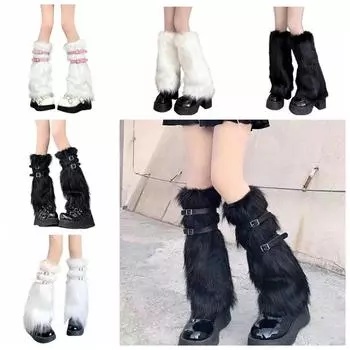 Искусственный мех плюшевый гетр для ног Y2k теплый чехол для ног Millennium женский чехол для ног утеплитель для лодыжек White&Pink