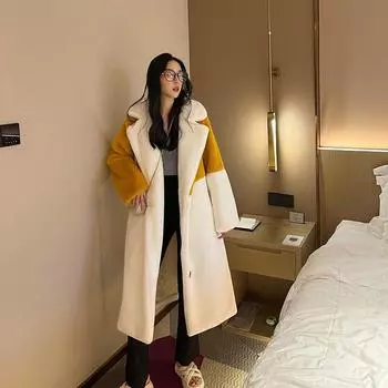 Искусственный мех, подходящий по цвету к костюму, меховой воротник, теплое пальто, утолщенное, средней и длинной шубы, женское, белого и желтого цвета, подходящее по цвету S