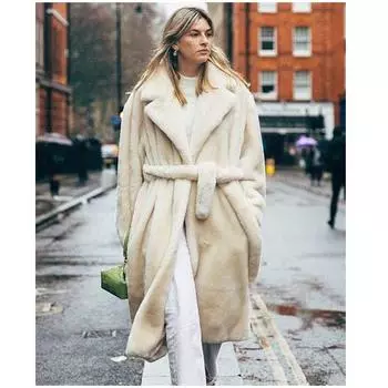 Искусственный мех пушистый длинный пальто для женщин с поясом утолщенный теплый отложной воротник женская плюшевая куртка осень-зима модное женское пальто S
