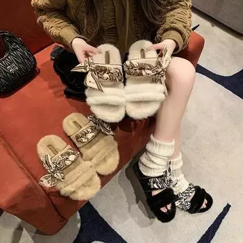 Искусственный мех ретро-одежда для улицы с толстой подошвой One Word хлопковые тапочки женские осенние сказочные теплые модные пушистые тапочки 35 чёрный