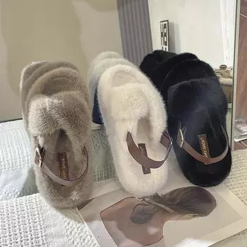 Искусственный мех, толстая подошва, мягкая, с перекрестными ремешками, меховые удобные сандалии, женская осенняя одежда для улицы, открытый носок, теплые хлопковые тапочки 35 чёрный