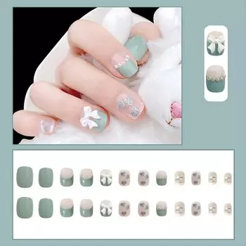 Искусственный накладной пресс на наращивание ногтей светло-голубого цвета с 3D-бантом, набор из 24 предметов с клеевым листом