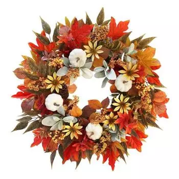 Искусственный осенний венок для входной двери 18 Венок из кленовых листьев с тыквой, цветком и ягодами для урожая, Дня благодарения, фермерского дома 45cm