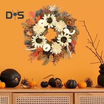 Искусственный осенний венок для входной двери, тыква, подсолнух, кленовый лист, венок с ягодами хризантемы, венок на День благодарения, сезон сбора урожая для помещений 45cm