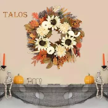 Искусственный осенний венок для входной двери, тыква, подсолнух, кленовый лист, венок с ягодами хризантемы, венок на День благодарения, сезон сбора урожая для помещений 45cm