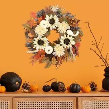 Искусственный осенний венок для входной двери, тыква, подсолнух, кленовый лист, венок с ягодами хризантемы, венок на День благодарения, сезон сбора урожая для дома и улицы 45cm
