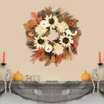 Искусственный осенний венок на входную дверь, тыква, подсолнух, кленовый лист, венок с хризантемой 45cm