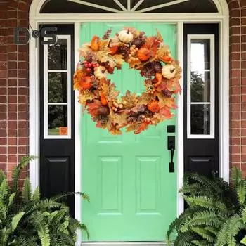 Искусственный осенний венок, венок из тыквенных кленовых листьев с ягодными шишками, имитация осеннего венка для входной двери, украшение на День благодарения оранжевый