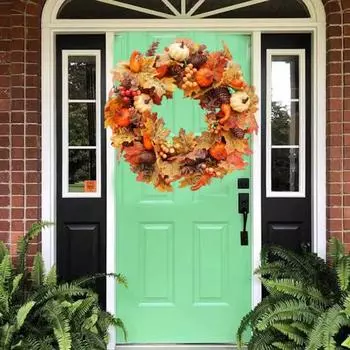 Искусственный осенний венок, венок из тыквенных кленовых листьев с ягодными шишками, имитация осеннего венка для входной двери, украшение на День благодарения оранжевый