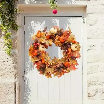 Искусственный осенний венок, венок из тыквенных кленовых листьев с ягодными шишками, имитация осеннего венка для входной двери, украшение на День благодарения оранжевый