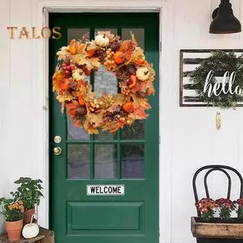 Искусственный осенний венок, венок из тыквенных кленовых листьев с ягодными шишками, имитация осеннего венка для входной двери, украшение на День благодарения оранжевый