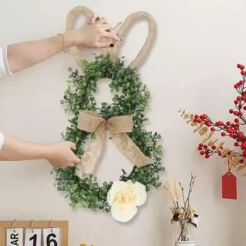 Искусственный пасхальный венок для входной двери, венок в виде кролика с бантом, яйцами и цветами для настенного оконного пасхального украшения One Size