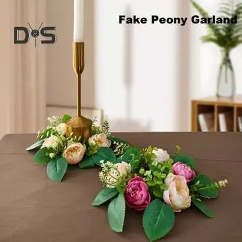 Искусственный пион Венок Свеча Кольцо Столб Подсвечник Весенние зеленые листья 6 головок Цветочная гирлянда DIY Главная Свадебная вечеринка Стол Центральная часть