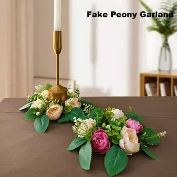 Искусственный пион Венок Свеча Кольцо Столб Подсвечник Весенние зеленые листья 6 головок Цветочная гирлянда DIY Главная Свадебная вечеринка Стол Центральная часть
